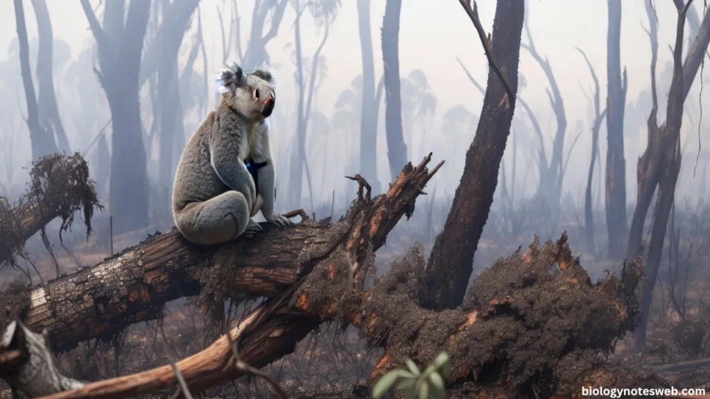 A mournful koala surveying burned eucalyptus trees after Australia's devastating bushfires