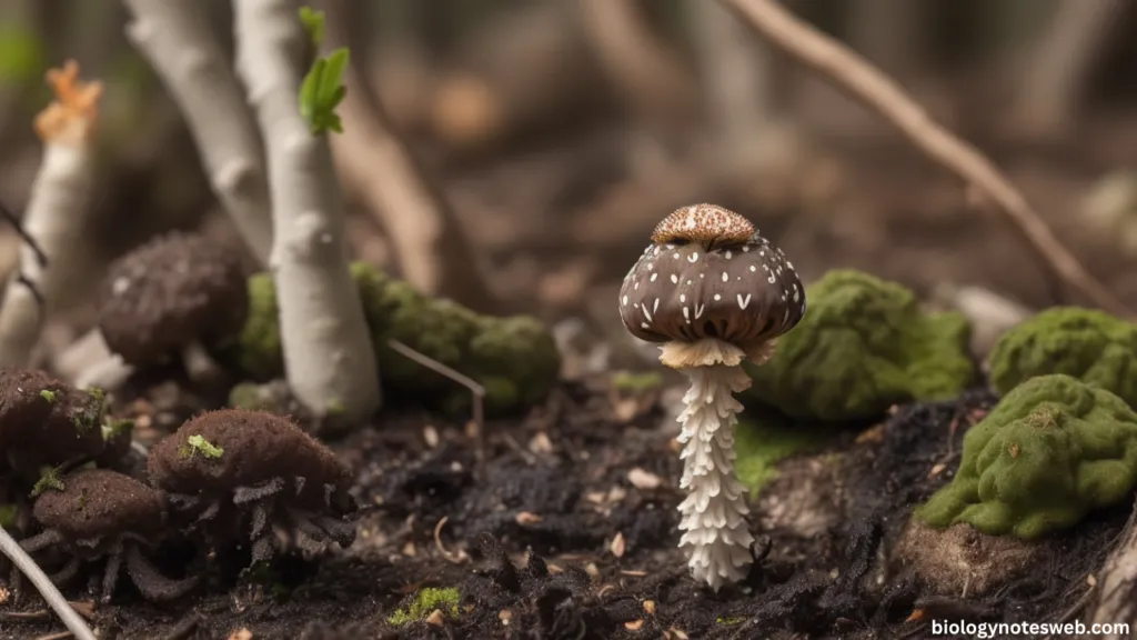 A sprouting morel mushroom emerging from ashes