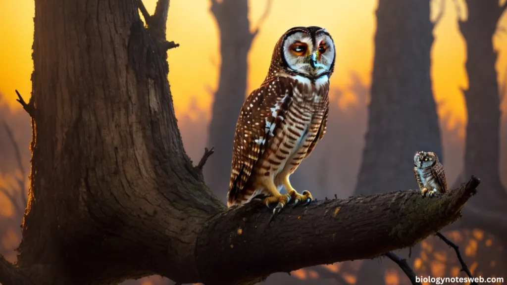 A threatened spotted owl perched on a burned tree